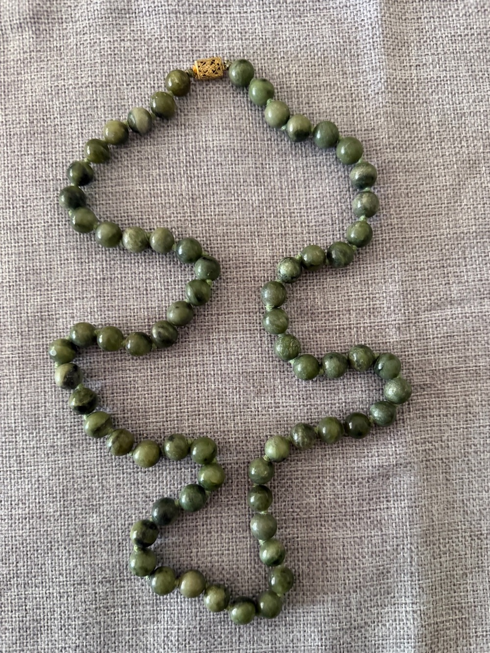 Green Nephrite Jade Beaded Necklace Vintage Gold Tone Filigree Clasp | Gemstone